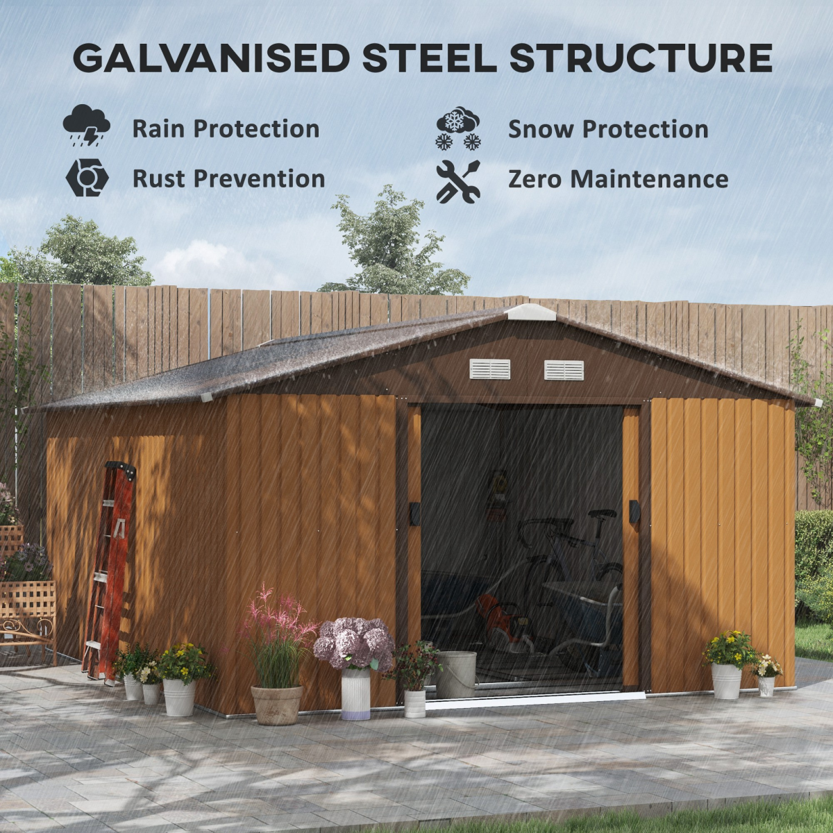 Outsunny 13ft x 11ft Metal Storage Shed with Floor Foundation, Sliding Double Doors, Light Brown
