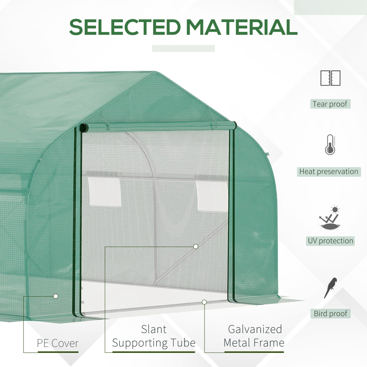 Outsunny 4.47 x 3 x 2m Walk-In Polytunnel Tent with PE Cover, Zip Door, 6 Mesh Windows, Green