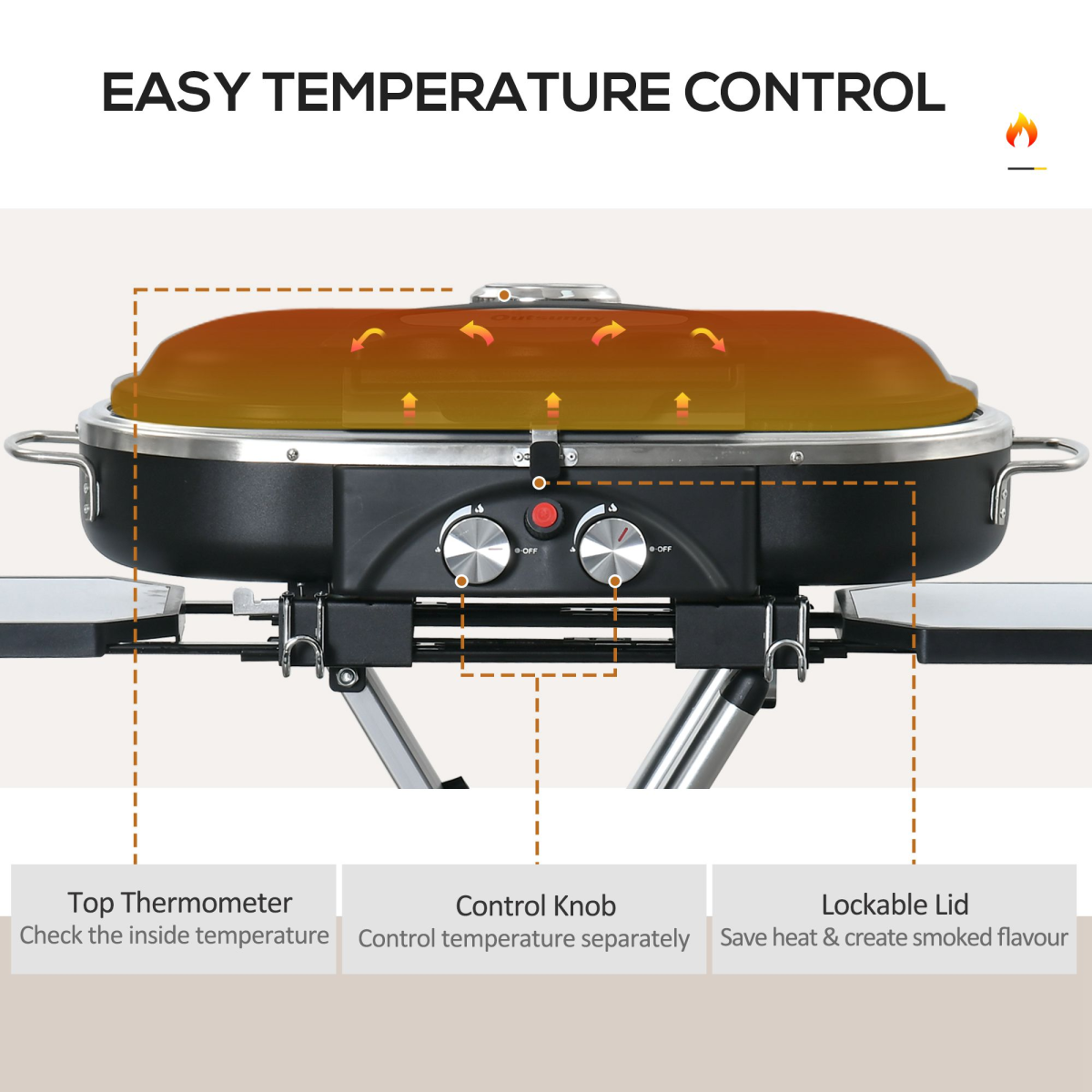Outsunny Foldable 2 Burner Gas BBQ Grill Trolley with Side Shelves and Thermometer