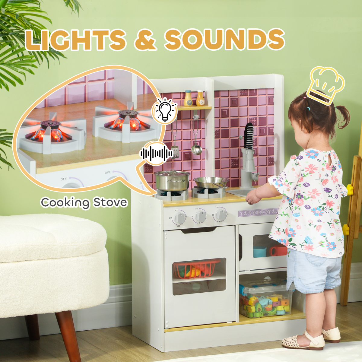 AIYAPLAY Kids Play Kitchen with Lights, Sounds, Oven & Sink