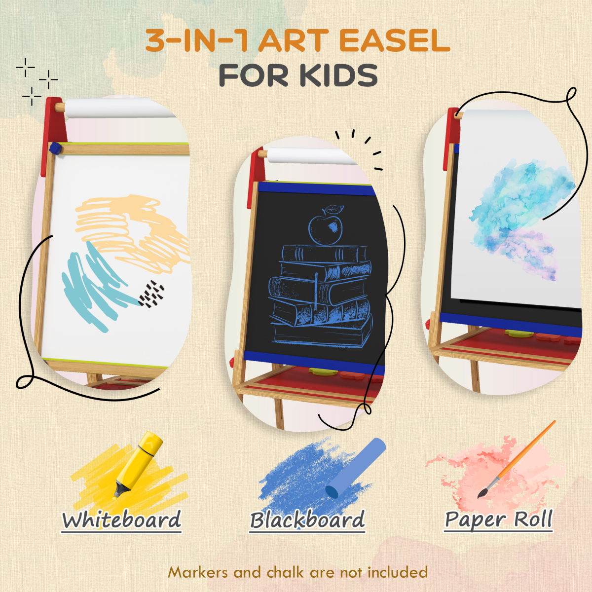 AIYAPLAY 3-in-1 Adjustable Kids Easel with Paper Roll and Storage Shelf