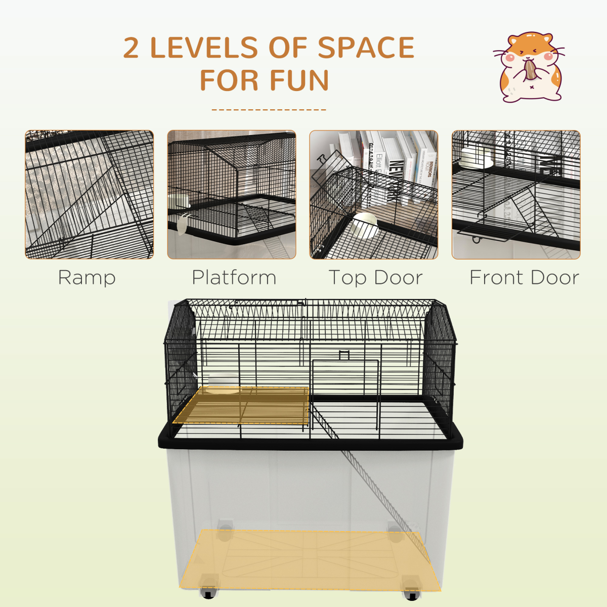 PawHut Two-Tier Hamster & Gerbil Cage with Deep Base, Ramp & Dish