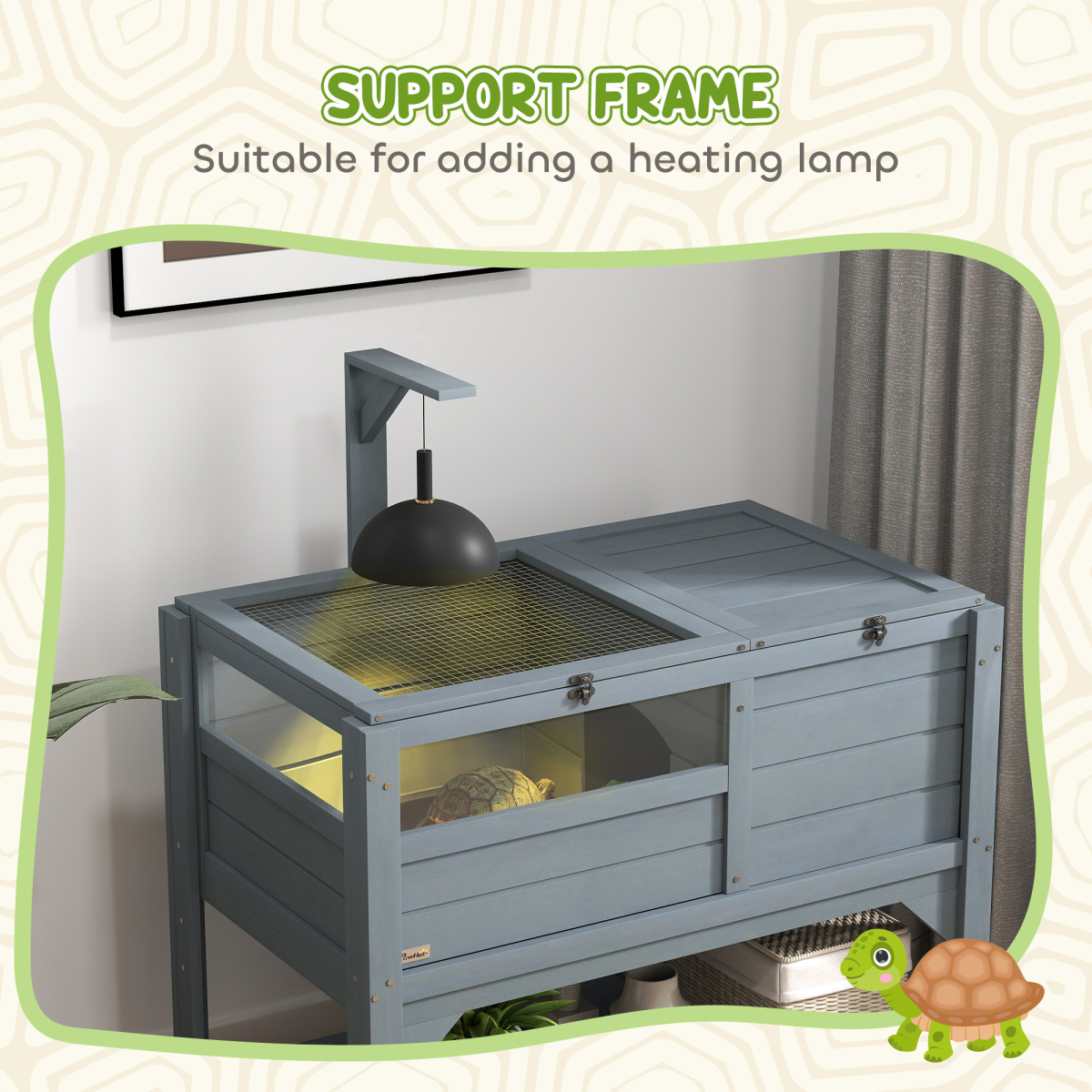 PawHut Wooden Tortoise House with Run, Hide Box, Shelf and Lamp Holder, Grey