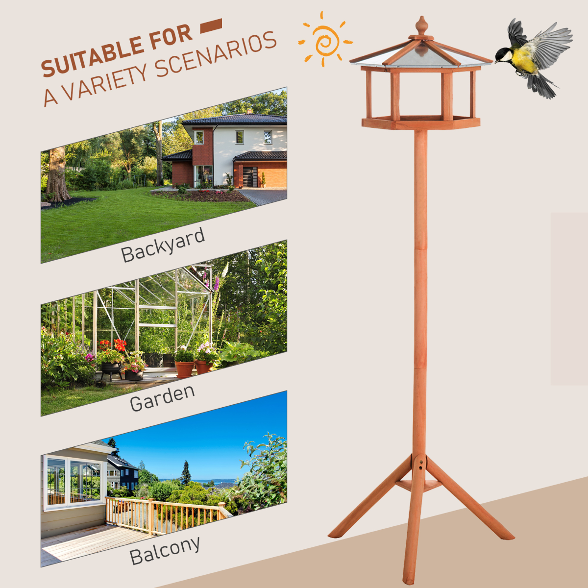 PawHut Wooden Free Standing Bird Feeder Table with Metal Roof for Garden, Patio