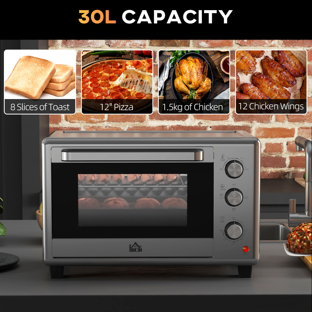 HOMCOM 30L Mini Oven, 1600W Compact Countertop Oven with Adjustable Temperature and 60-Minute Timer, Silver