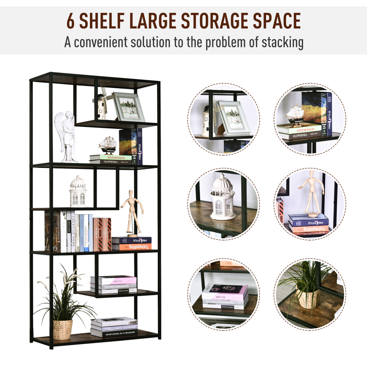 Industrial 6-Tier Bookshelf with Metal Frame, Display Rack