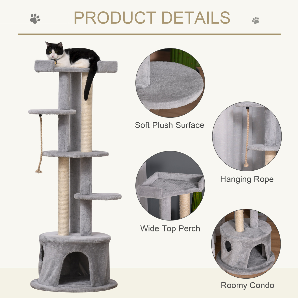 PawHut Multi-Level Cat Tree with Plush Condo, Scratching Posts, Wide Perches and Dangling Rope