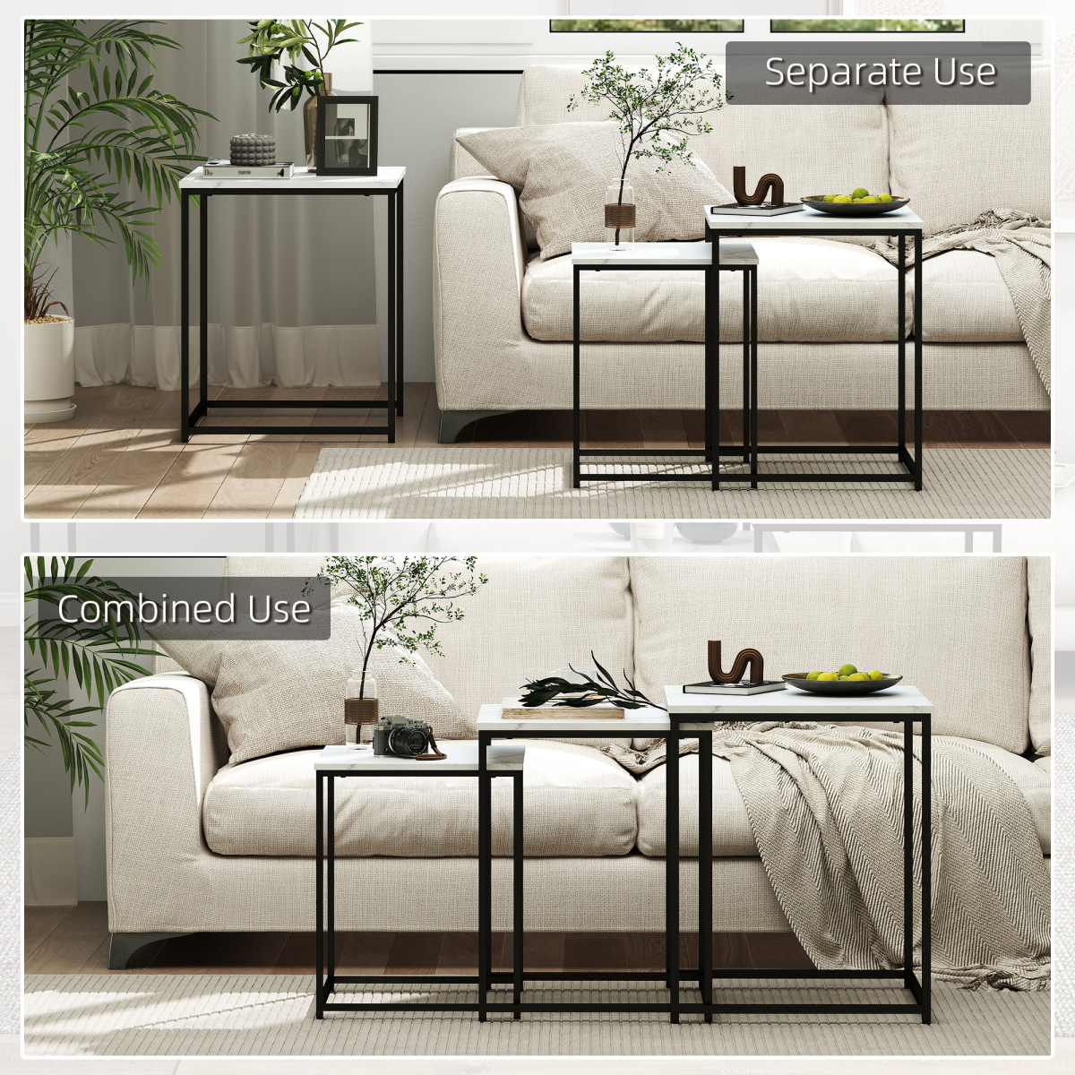HOMCOM Set of 3 Nesting Coffee Tables, White Marble Effect