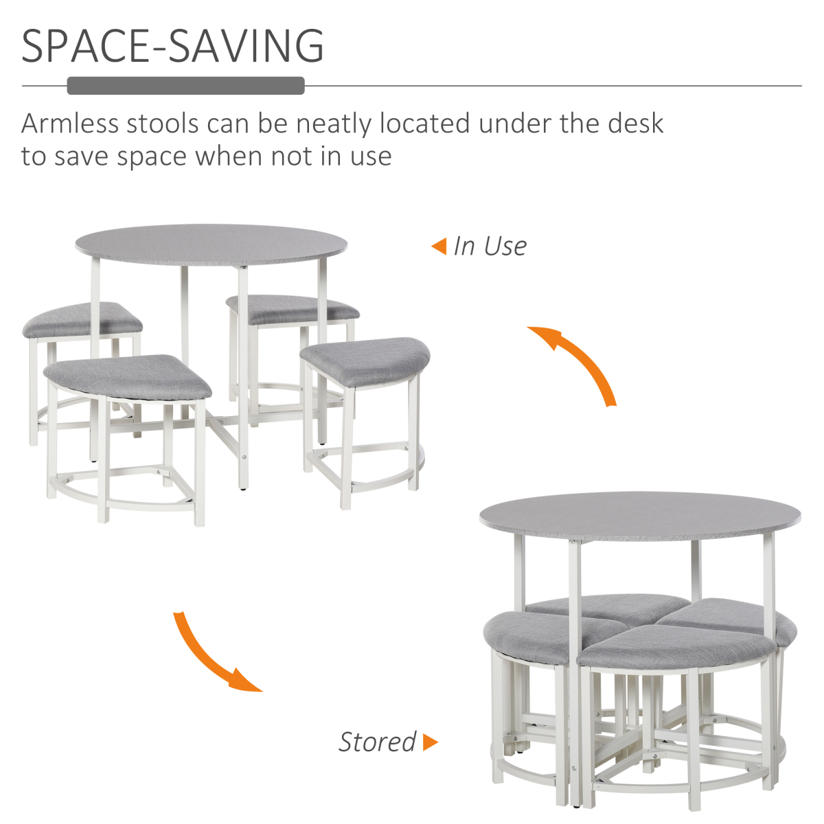 Modern Round Dining Table Set with 4 Upholstered Stools, Steel Frame
