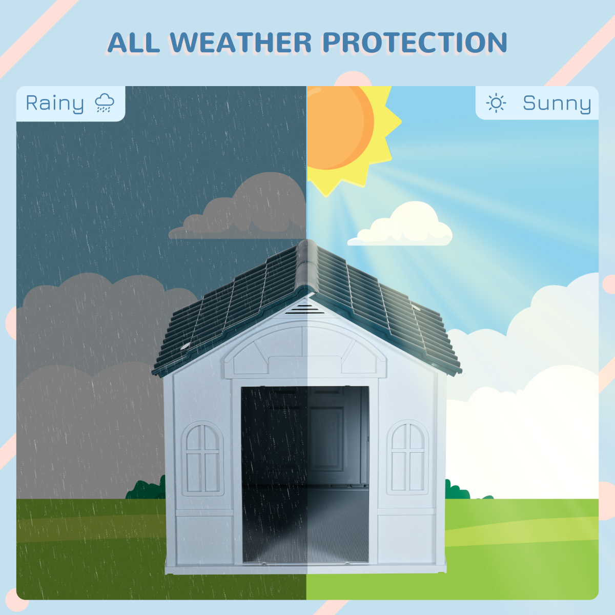 PawHut Weather-Resistant Plastic Dog House for Medium Dogs, Easy-Clean Puppy Shelter with Slanted Roof and Ventilated Door