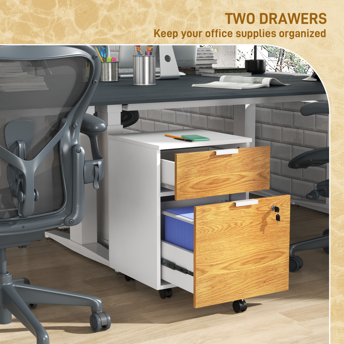 HOMCOM Lockable 2-Drawer Filing Cabinet with Hanging Bars for A4/Letter