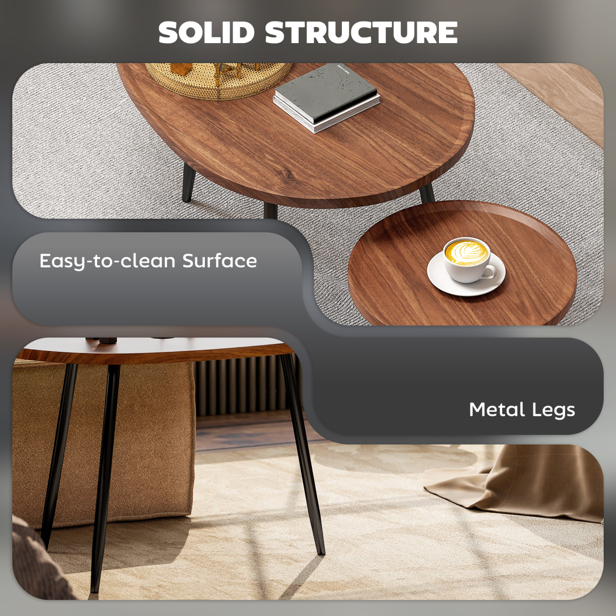 HOMCOM Set of 2 Nesting Side Tables, Chestnut Wood Effect, Metal Legs