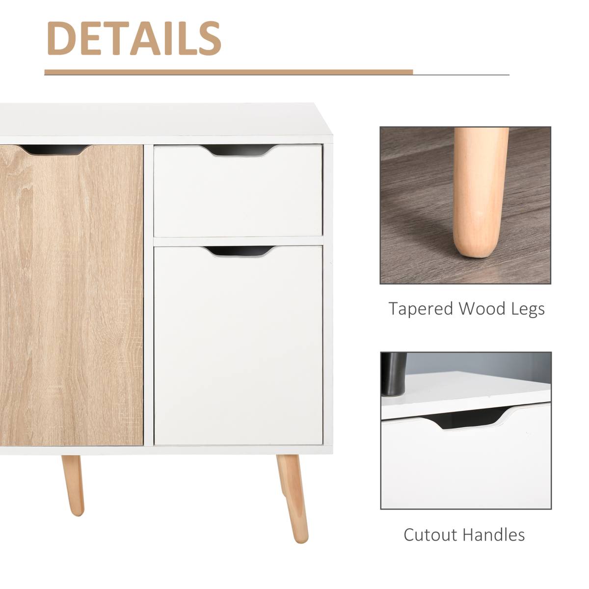 Modern Scandinavian Storage Cabinet Sideboard with Drawer, 4-Part Storage, Wood Legs, Bedroom, Living Room, Home Office
