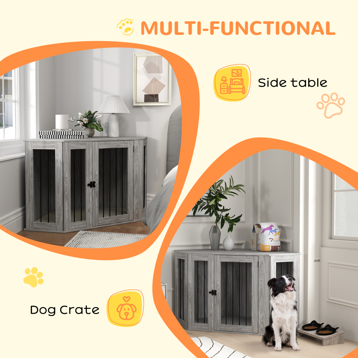 PawHut Dog Crate Furniture Side Table with Cushion - Grey
