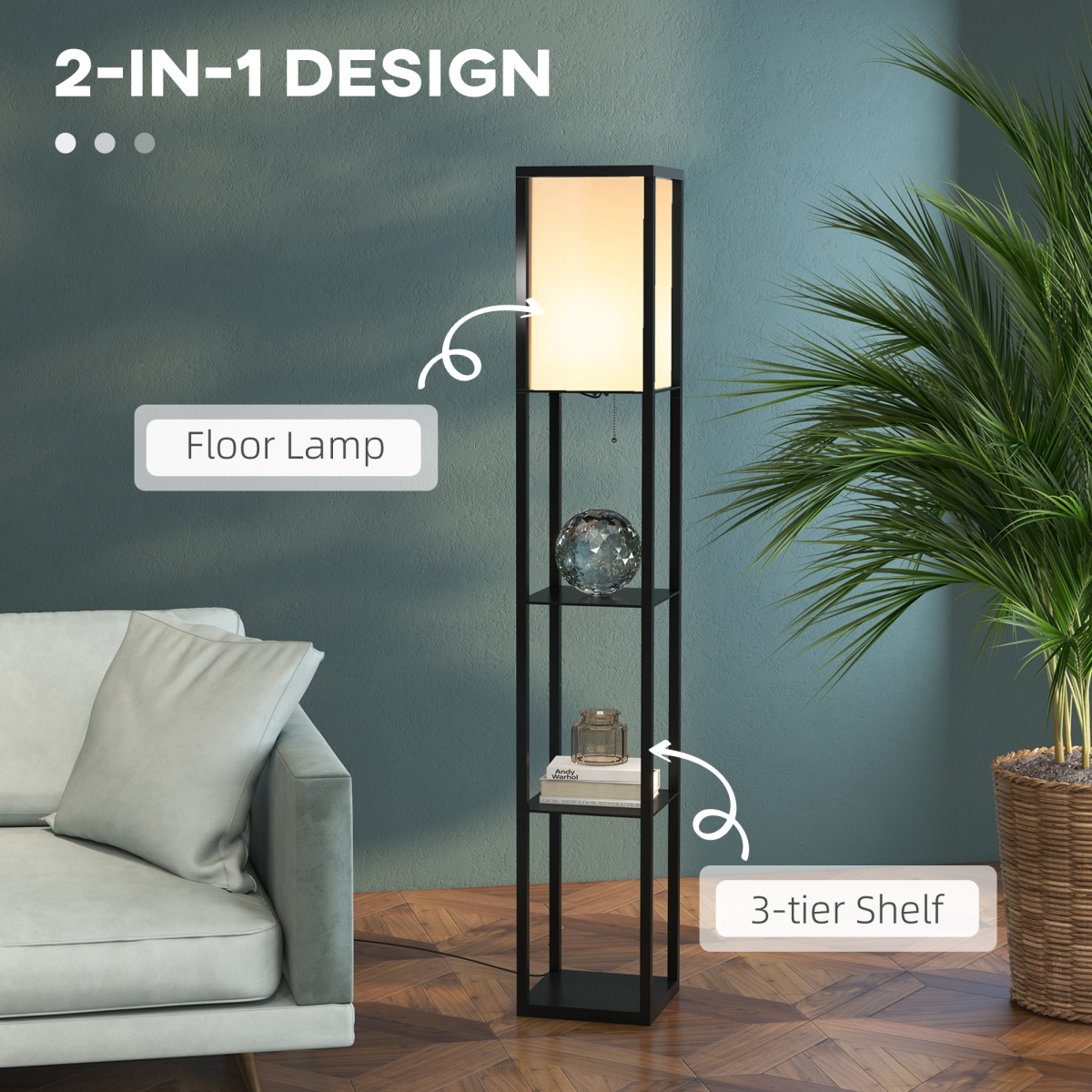 HOMCOM Shelf Floor Lamp, 4-Tier Open Shelves, 26L x 26W x 160Hcm
