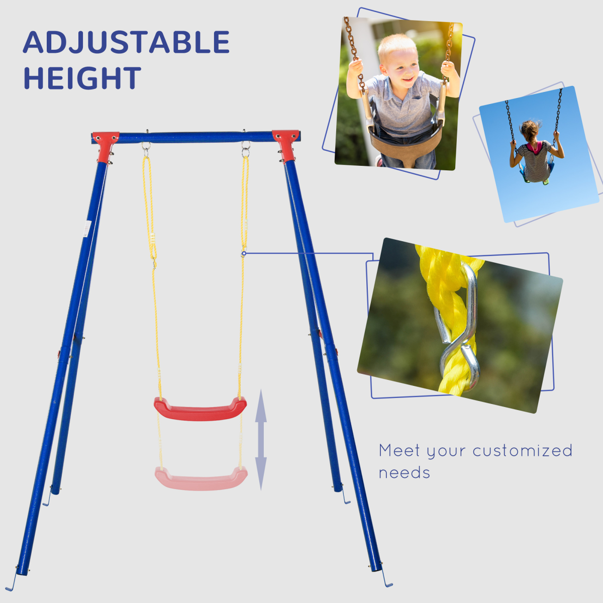 Children's Metal Swing Set with Adjustable Ropes, A-Frame Stand