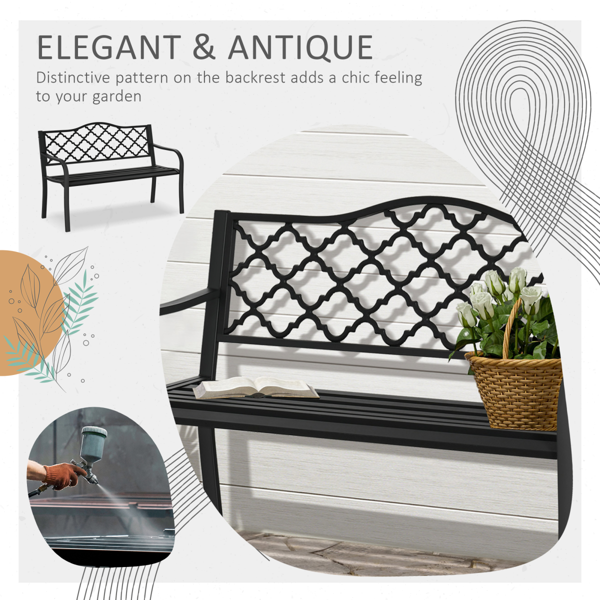 Outsunny 2-Seater Outdoor Garden Bench with Armrests, Matte Black Steel and Cast Iron, Vintage-Style Slatted Backrest