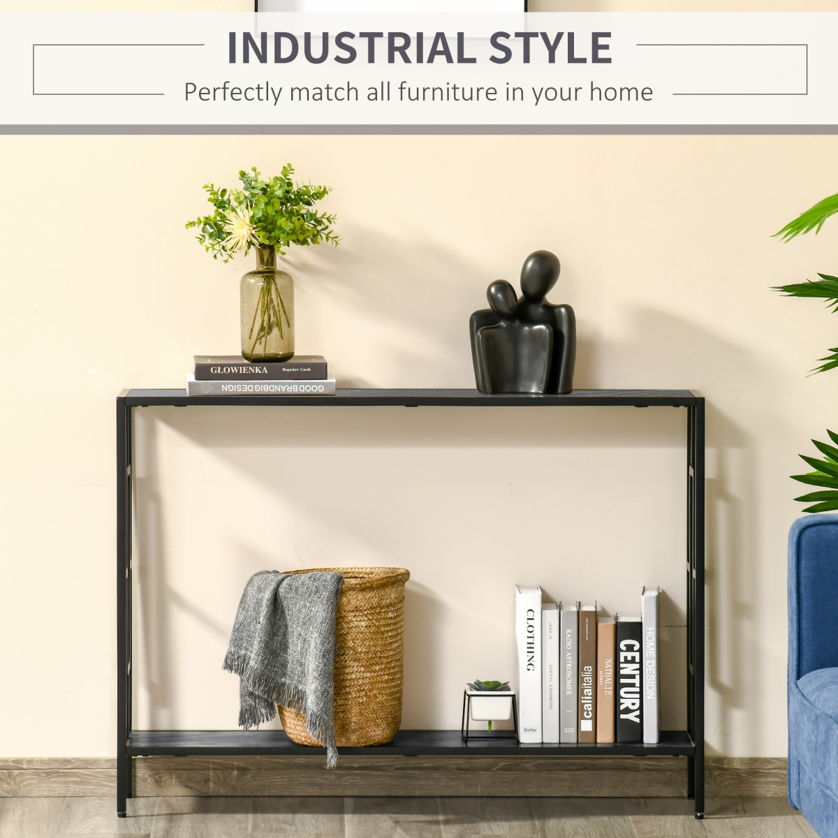 HOMCOM Console Table with 2 Shelves, Particle Board and Metal Frame, Art Deco Style, 76x106cm