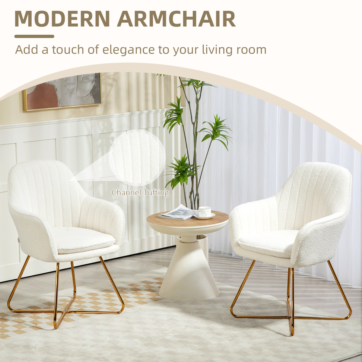 HOMCOM Set of 2 Cashmere Accent Chairs with Steel Legs, Cream White
