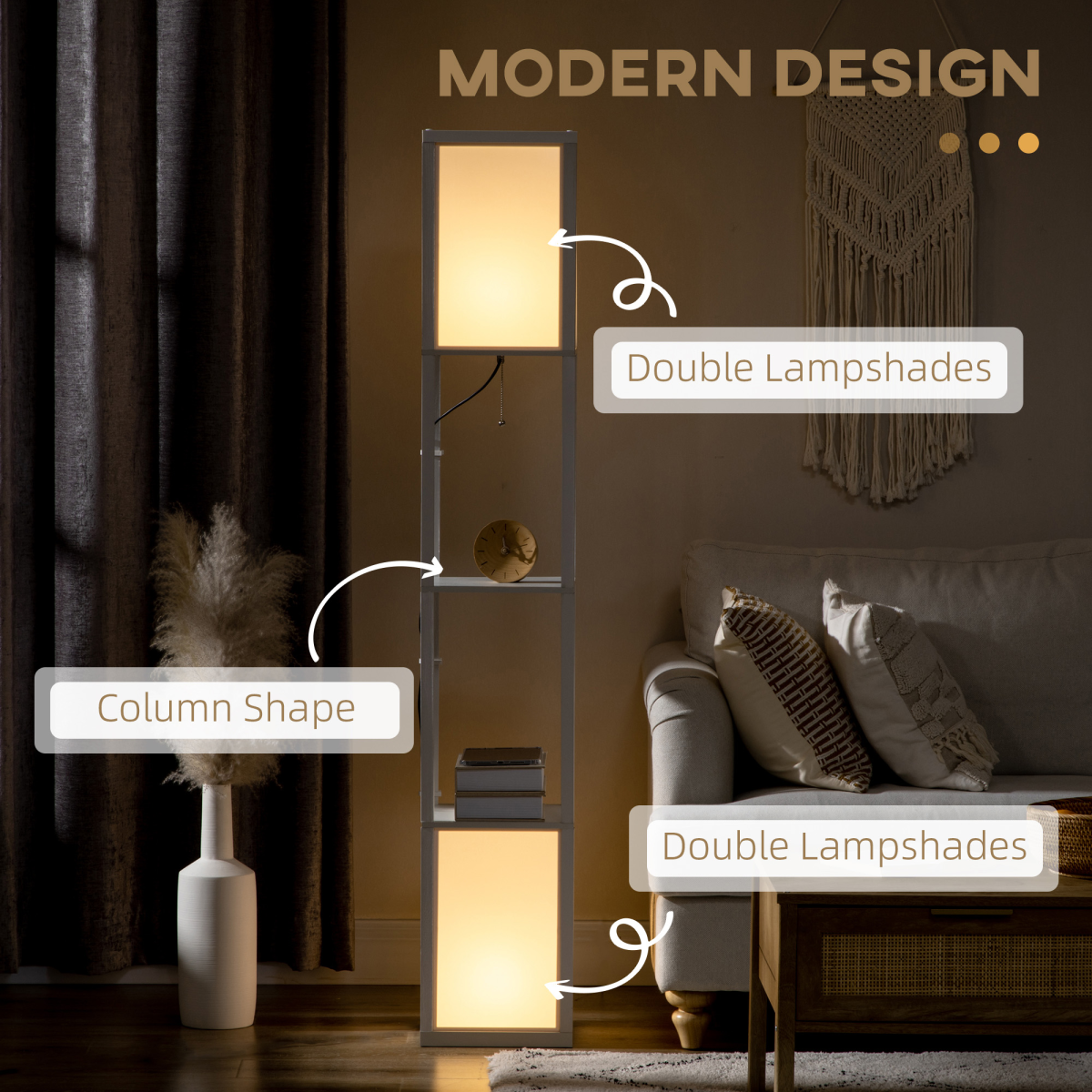HOMCOM White Shelf Floor Lamp with Dual Light and Shelves