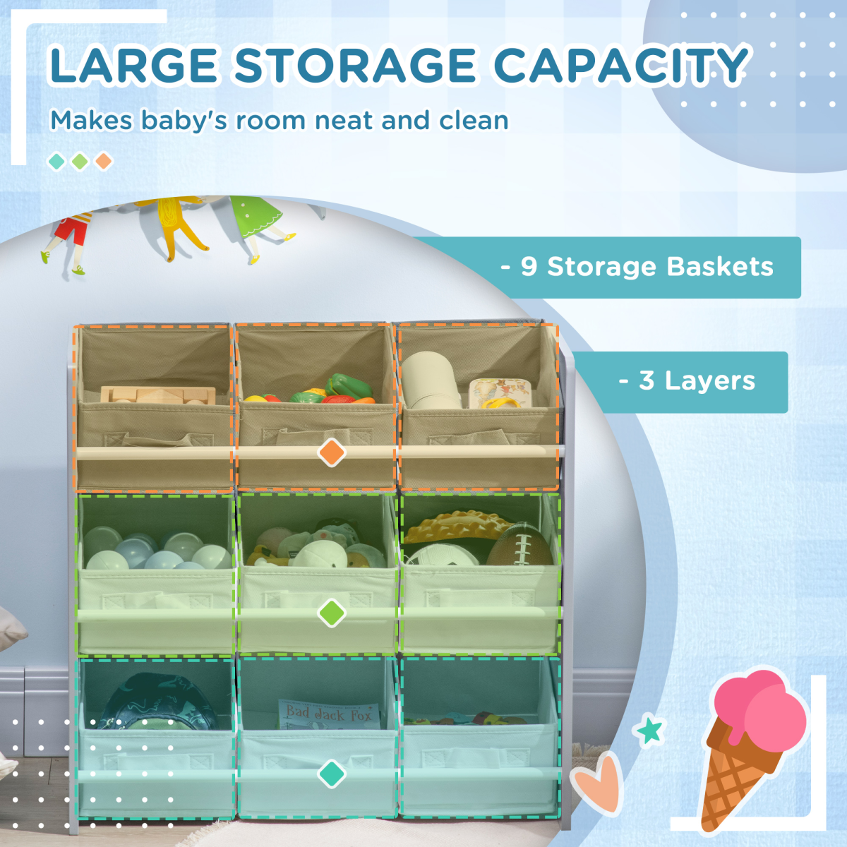 ZONEKIZ 9-Basket Storage Unit for Nursery Playroom, 3-Tier Kids Toy Storage, Grey