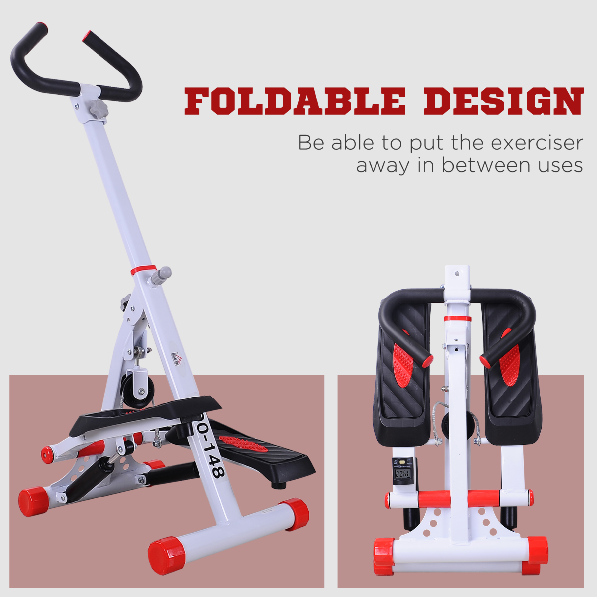 Foldable Stepper with Handlebar and LCD Display, Red, 110 kg Capacity