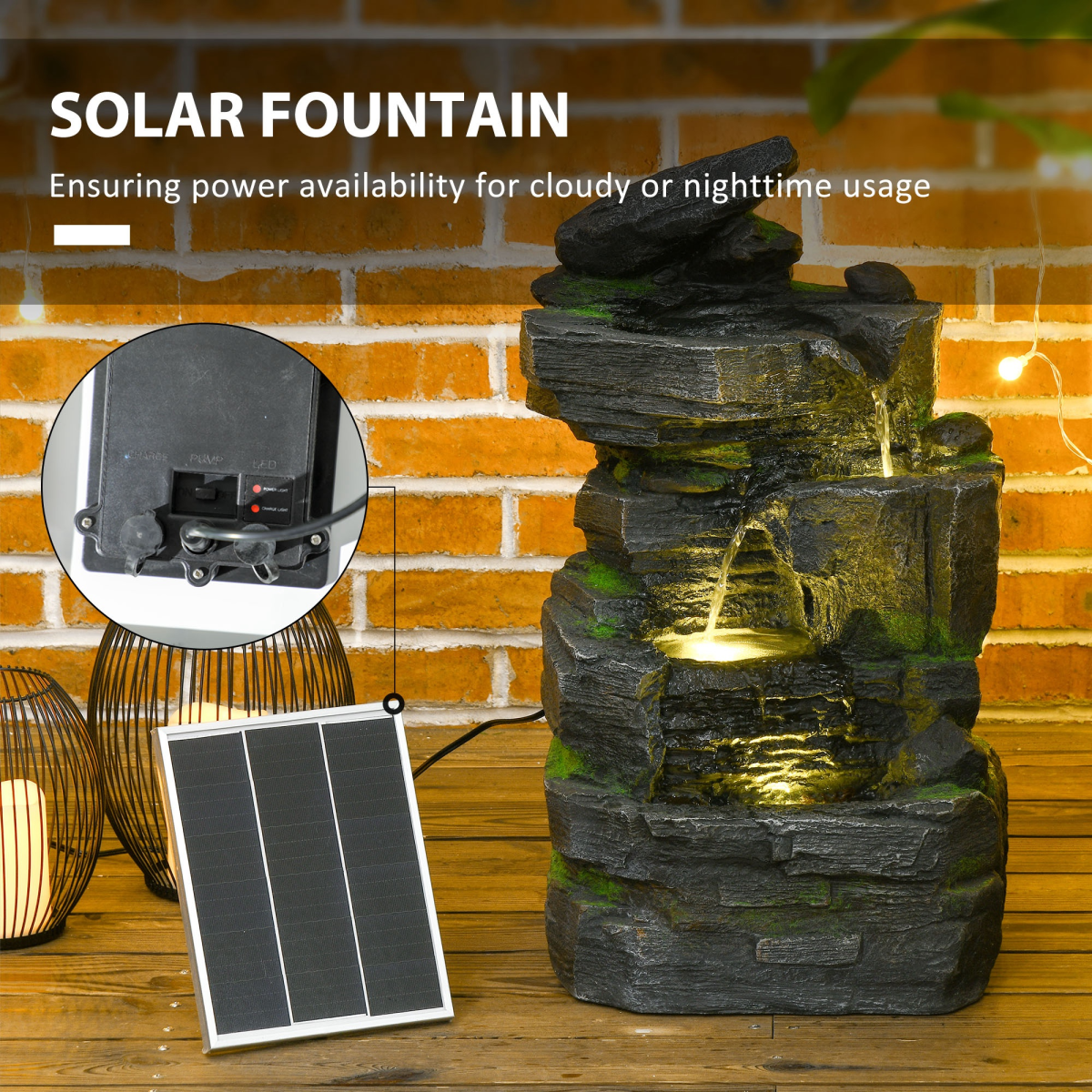 Outsunny Solar Outdoor Garden Fountain with LED Lights, Dark Grey