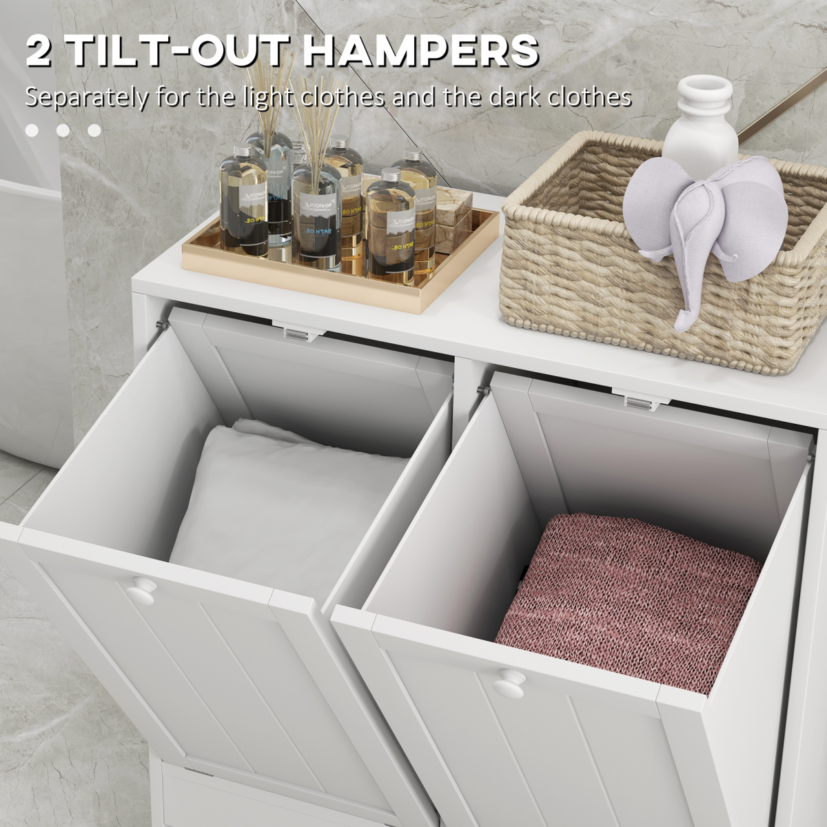 kleankin White Tilt-Out Laundry Cabinet with 2 Hamper Compartments