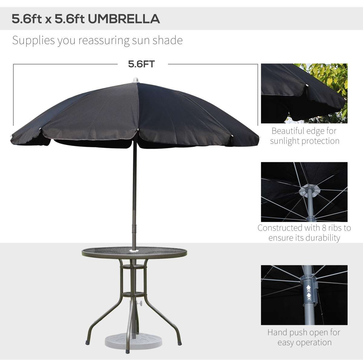 Outsunny 6-Piece Black Outdoor Bistro Set with Round Table, 4 Foldable Texteline Chairs and Parasol