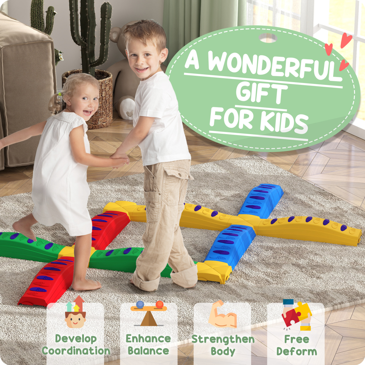 AIYAPLAY 12-Piece Kids Balance Beam Stepping Stones with Non-Slip Pads