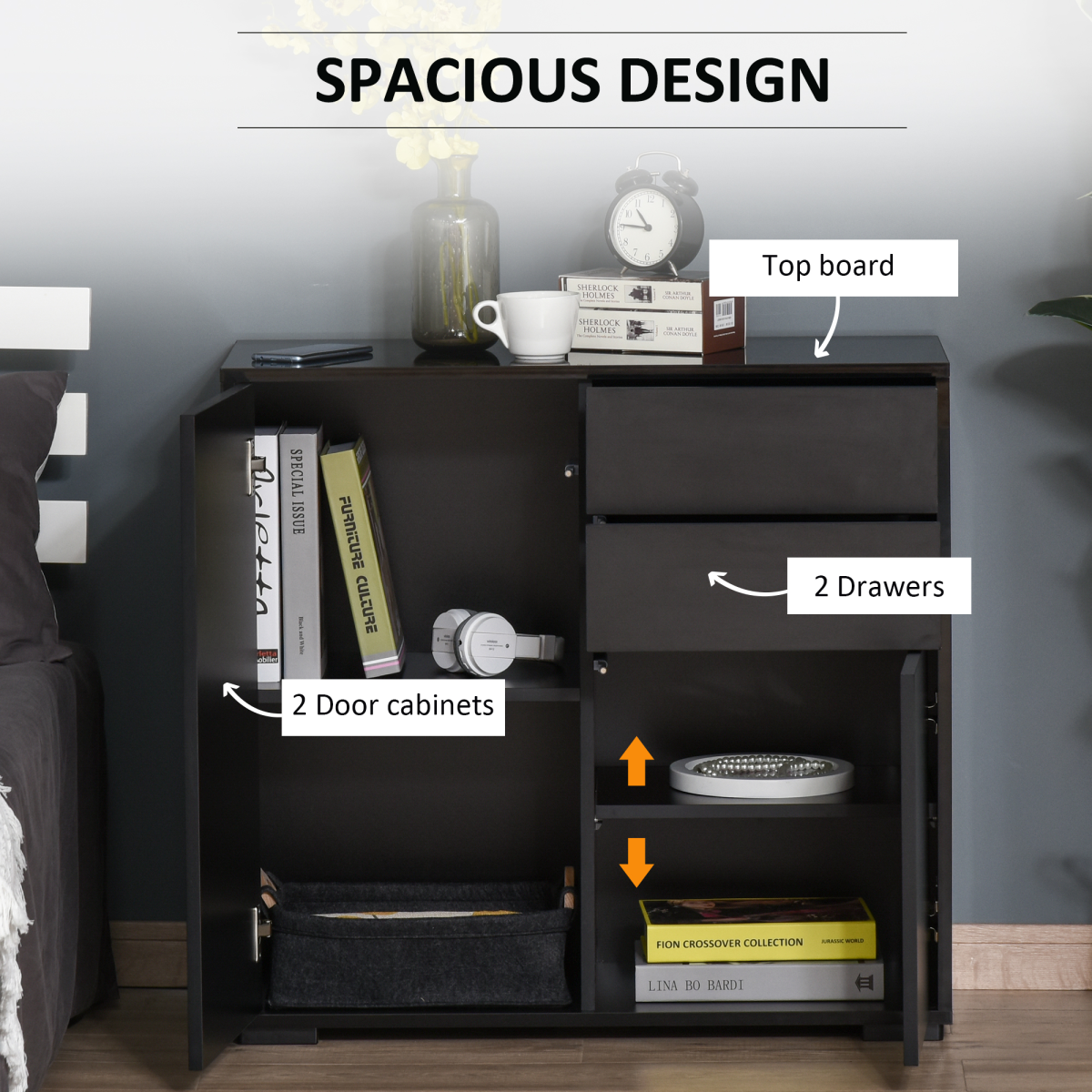 HOMCOM Black Side Cabinet with 2 Doors, 2 Drawers and Shelf