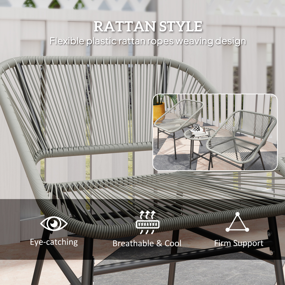 Outsunny 3 Piece Rattan Bistro Set with Cushions, Light Grey
