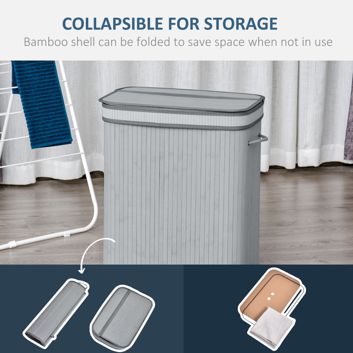 100L Grey Bamboo Flip Lid Laundry Basket with Removable Washable Lining