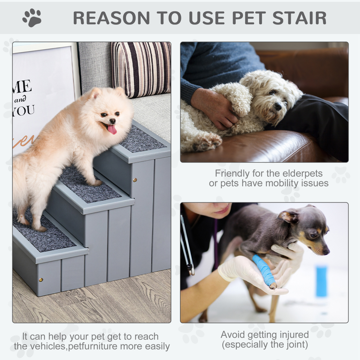3-Step Wooden Dog Stairs with Hidden Storage, Grey