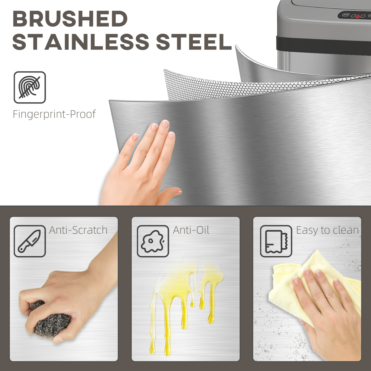 HOMCOM 48L Stainless Steel Sensor Bin, Touch-Free Automatic Lid