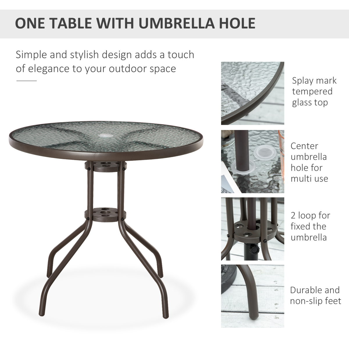 Outsunny 6-Piece Patio Dining Set with Umbrella, 4 Folding Chairs and Tempered Glass Table