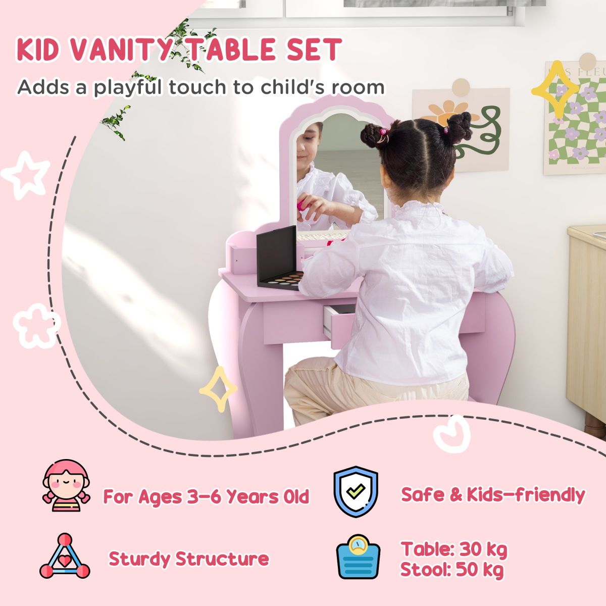 ZONEKIZ Kids Dressing Table Set with Mirror, Stool, Drawer Storage