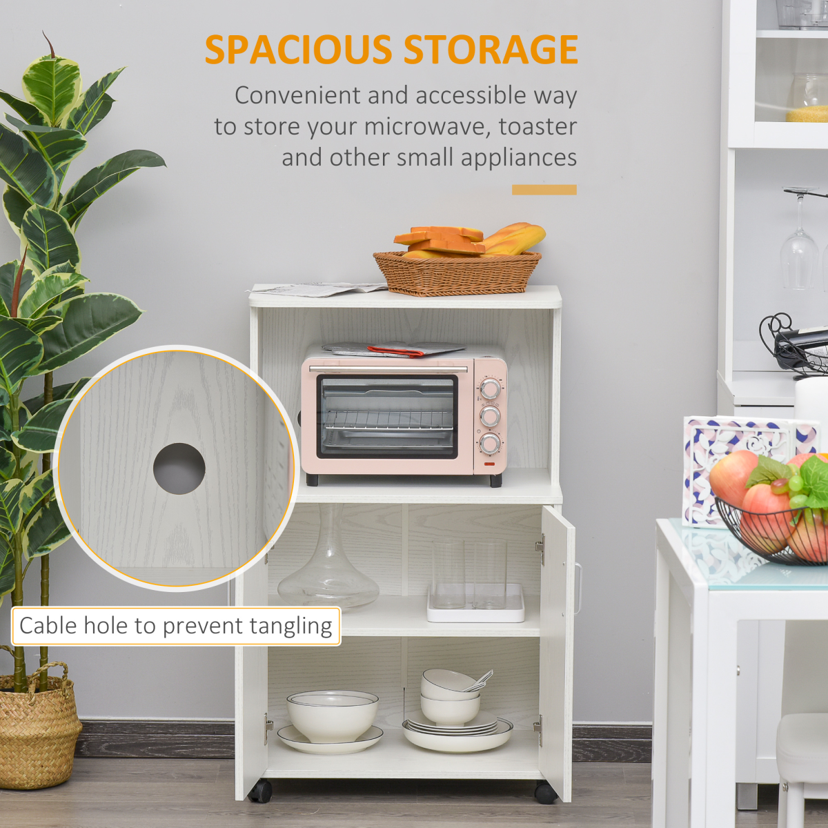 HOMCOM Microwave Cart on Wheels, Kitchen Utility Trolley with Storage Cabinet, Adjustable Shelf, Open Top Compartment, Lockable Wheels, White, 97x60.4x40.3cm
