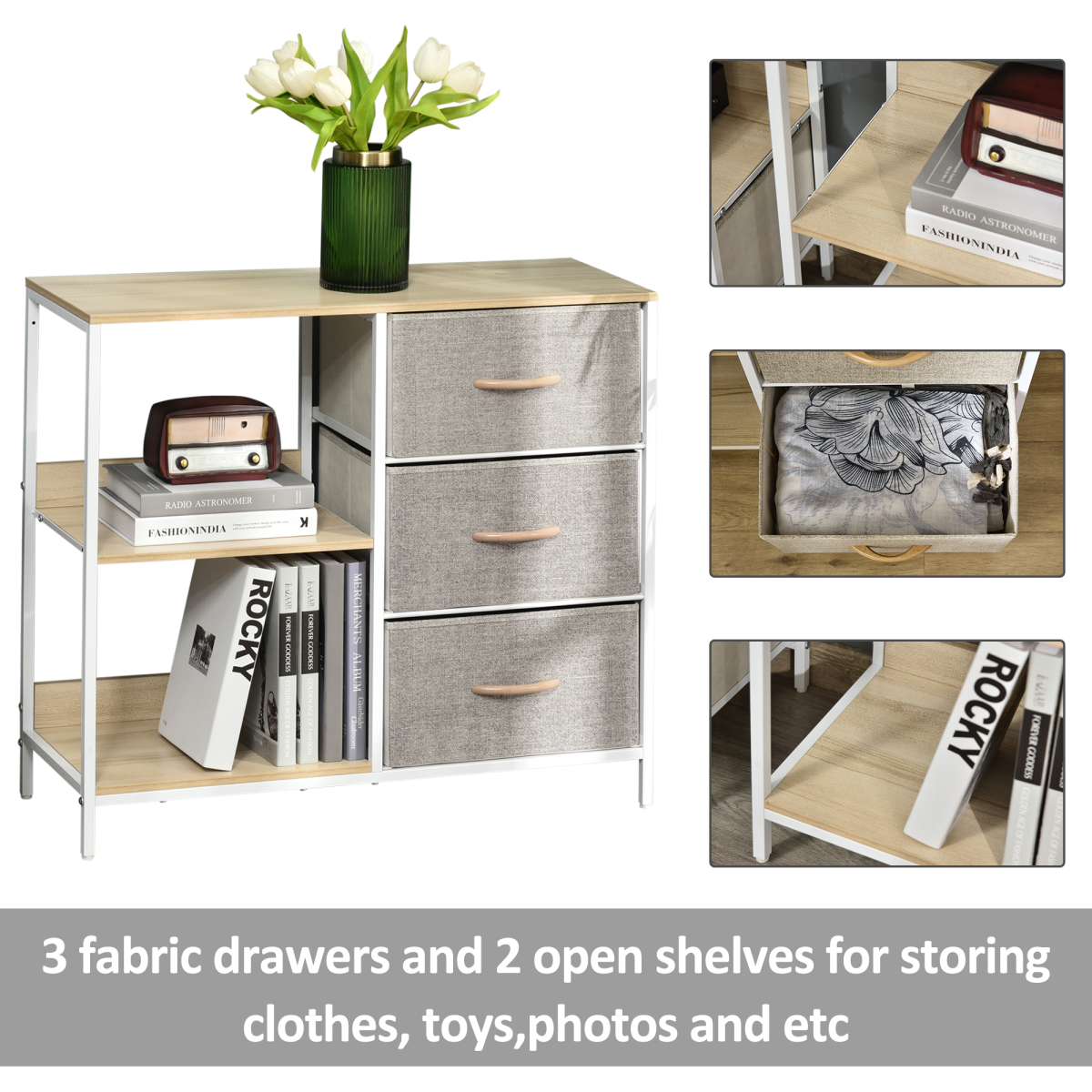 Beige Chest Dresser with 3 Drawers, 3 Shelves and Metal Frame