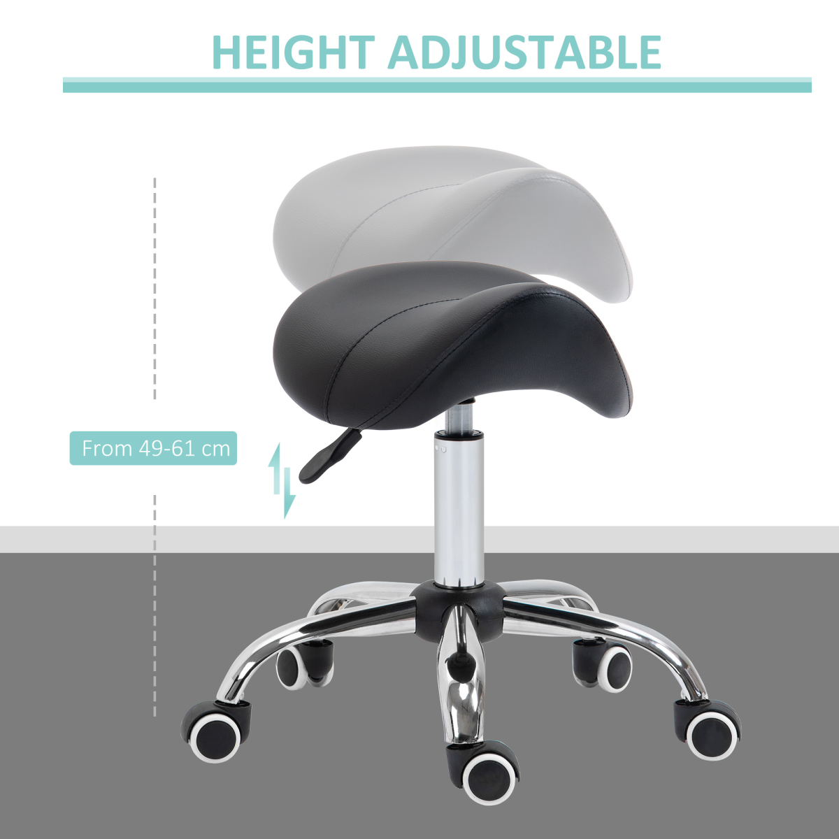 Black PU Leather Saddle Stool with Padded Seat, Adjustable Height, 5 Wheels