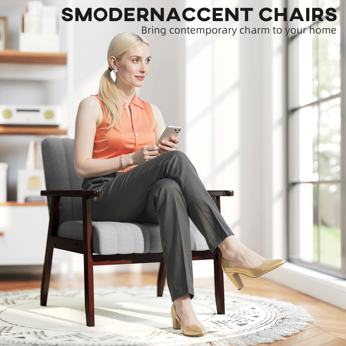 HOMCOM Modern Grey Accent Chair, Upholstered Armchair with Brown Legs