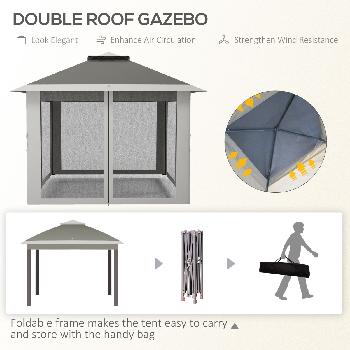 Outsunny Pop Up Gazebo Height Adjustable Canopy Tent with Mesh Curtains and Carry Bag, Dark Grey