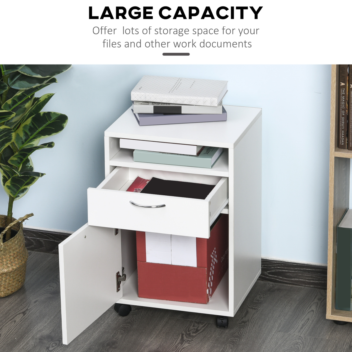 HOMCOM 60cm Storage Cabinet with Drawer, Open Shelf, Metal Handles, 4 Wheels, White