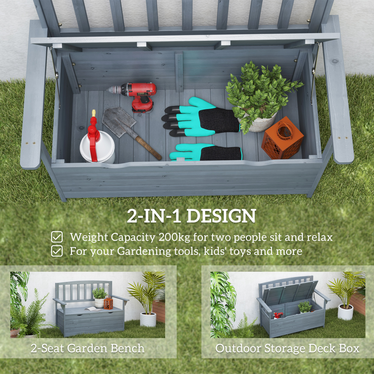 Outsunny 2-Seater Fir Wood Garden Storage Bench, Dark Grey