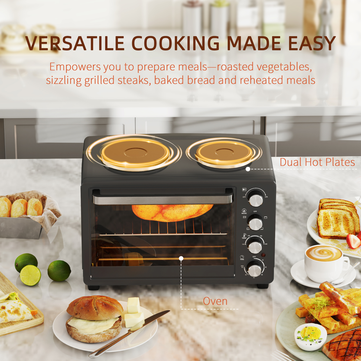 HOMCOM 28L Countertop Oven with 2 Hot Plates, Grill, Roast & Bake
