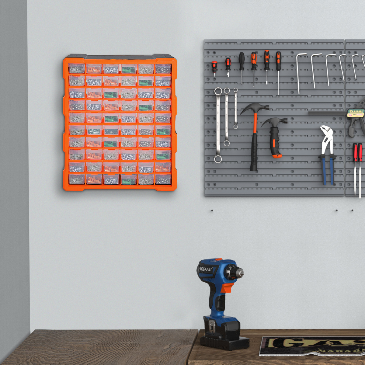 60-Drawer Wall Mount Parts Organiser Cabinet with Clear Drawers