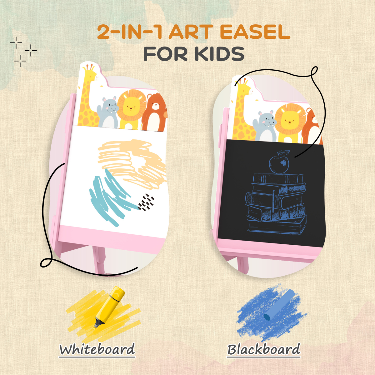AIYAPLAY Pink 2-in-1 Kids Easel with Whiteboard, Chalkboard & Storage