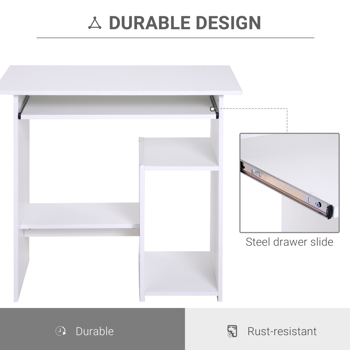 HOMCOM Computer Desk with Slide-Out Keyboard Tray, 2 Storage Shelves, White, 73.5H cm