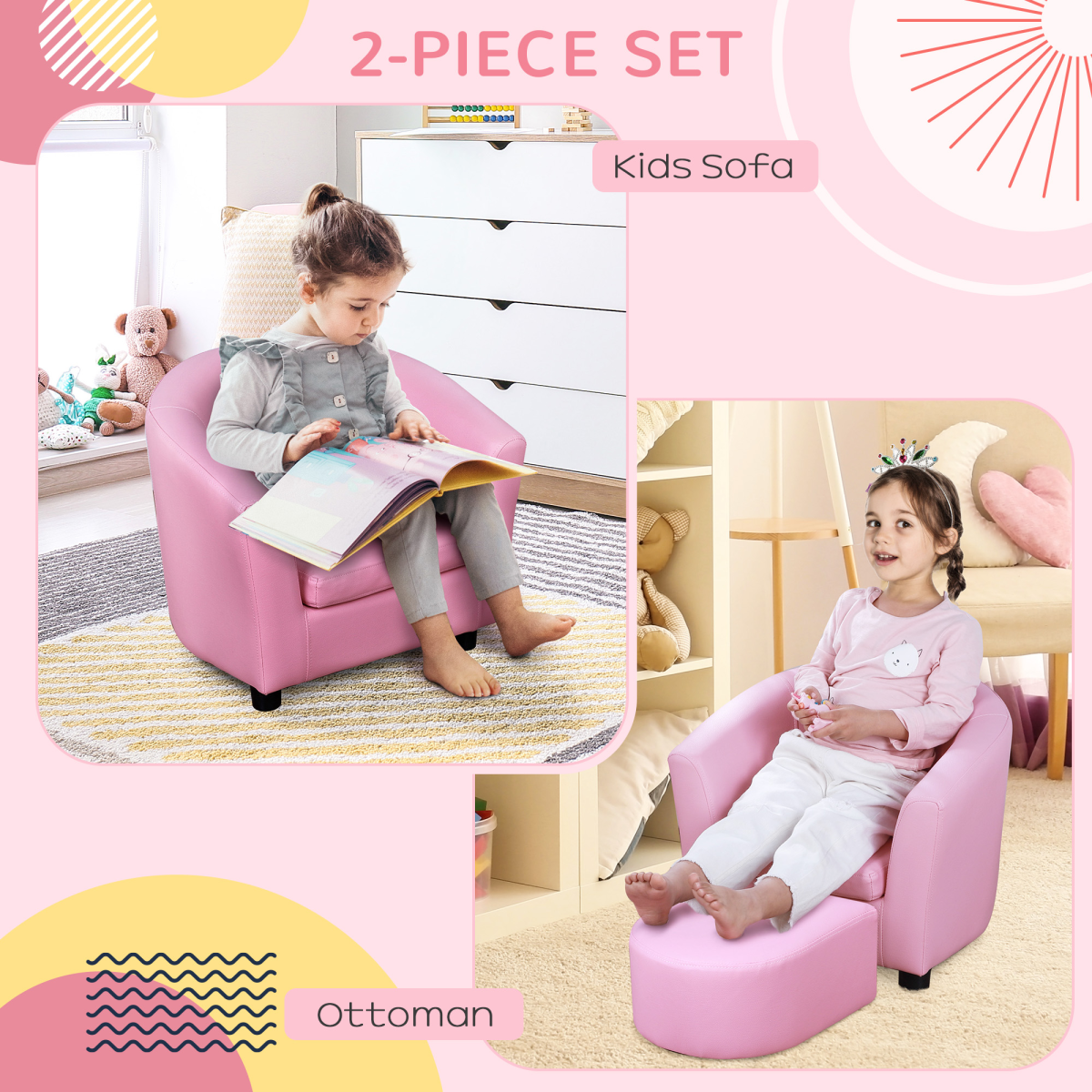 HOMCOM Kids Mini Sofa with Ottoman, Pink Children Armchair