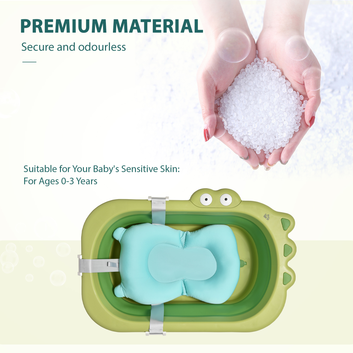 Foldable Baby Bath Tub with Cushion, Non-Slip, Ages 0-3, Green